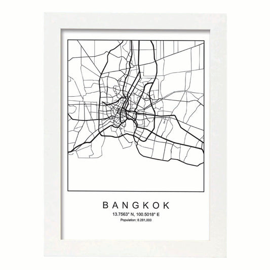 Lámina mapa de la ciudad Bangkok estilo nordico en blanco y negro.-Artwork-Nacnic-A4-Marco Blanco-Nacnic Estudio SL