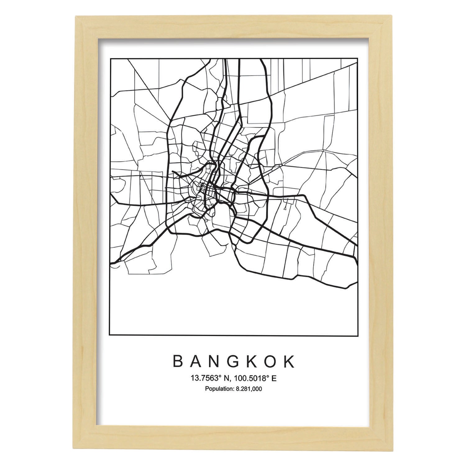 Lámina mapa de la ciudad Bangkok estilo nordico en blanco y negro.-Artwork-Nacnic-A4-Marco Madera clara-Nacnic Estudio SL