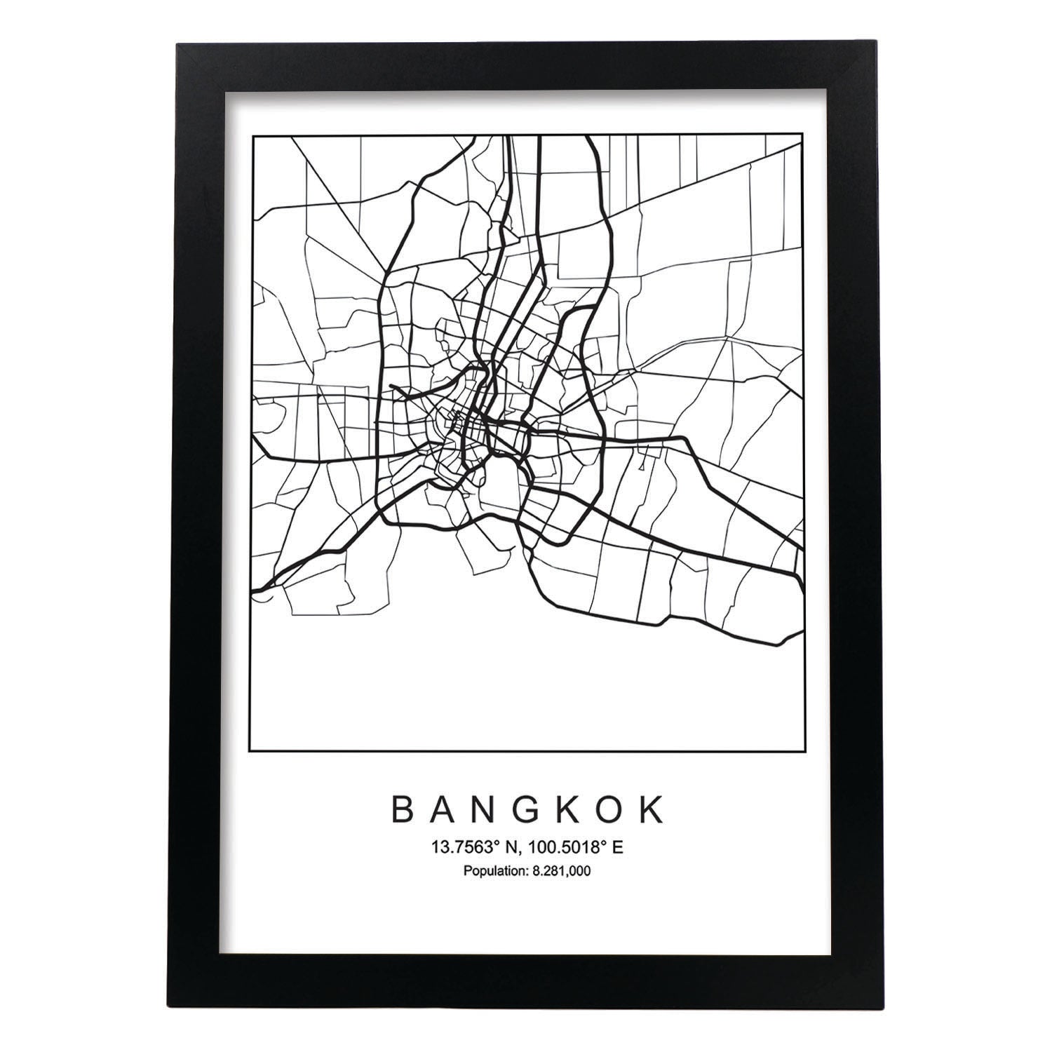 Lámina mapa de la ciudad Bangkok estilo nordico en blanco y negro.-Artwork-Nacnic-A4-Marco Negro-Nacnic Estudio SL