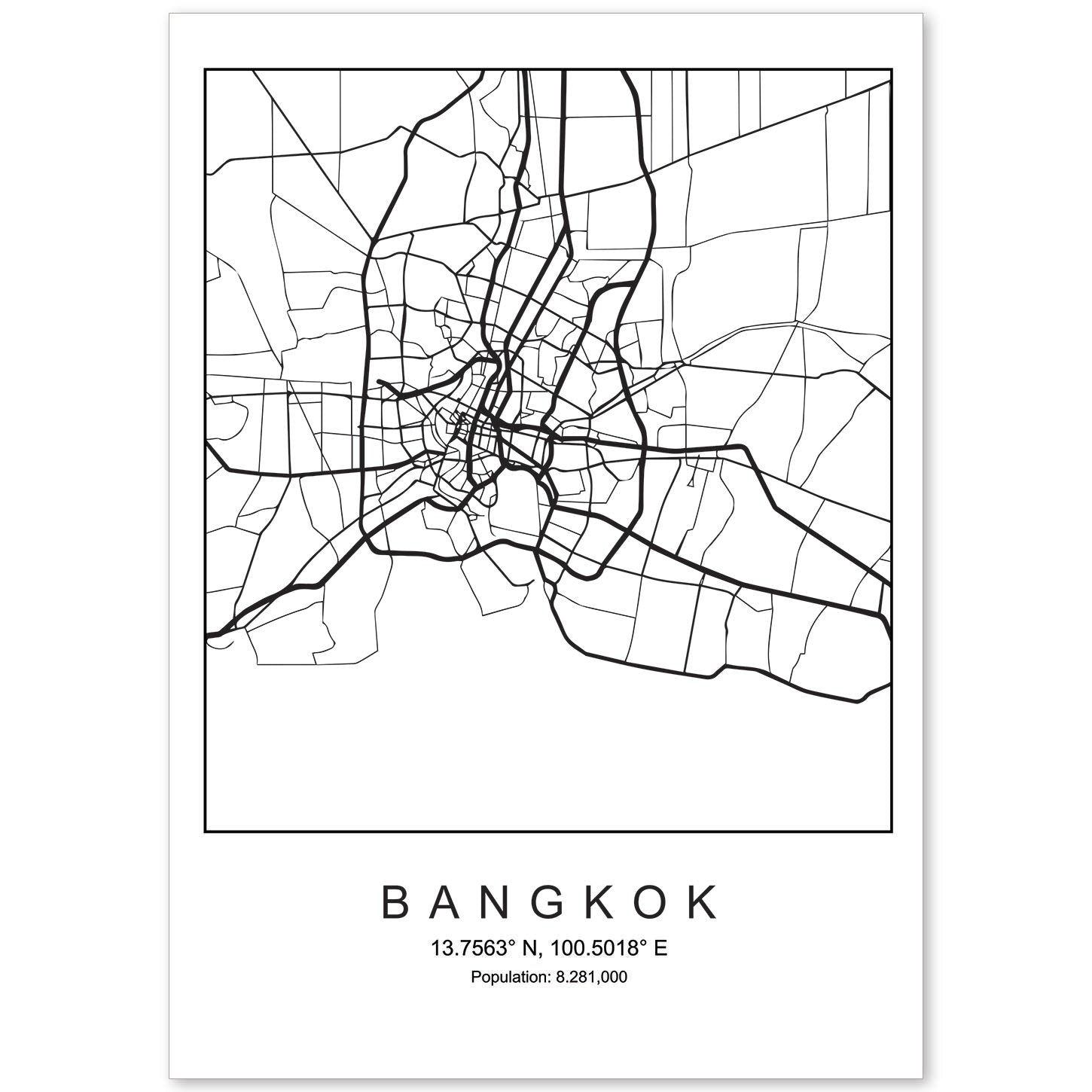 Lámina mapa de la ciudad Bangkok estilo nordico en blanco y negro.-Artwork-Nacnic-A4-Sin marco-Nacnic Estudio SL