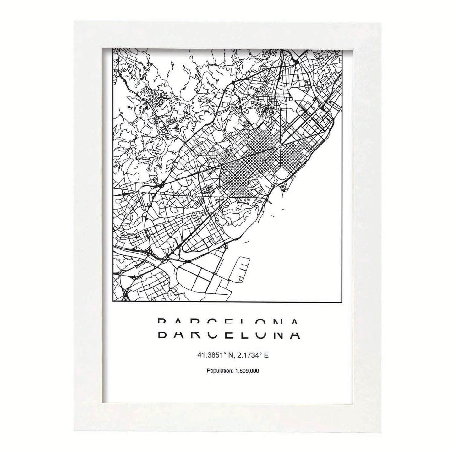 Lámina mapa de la ciudad Barcelona estilo nordico en blanco y negro.-Artwork-Nacnic-A3-Marco Blanco-Nacnic Estudio SL
