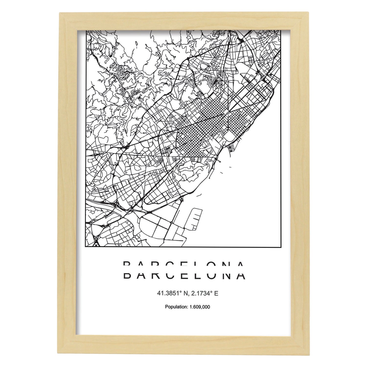Lámina mapa de la ciudad Barcelona estilo nordico en blanco y negro.-Artwork-Nacnic-A3-Marco Madera clara-Nacnic Estudio SL