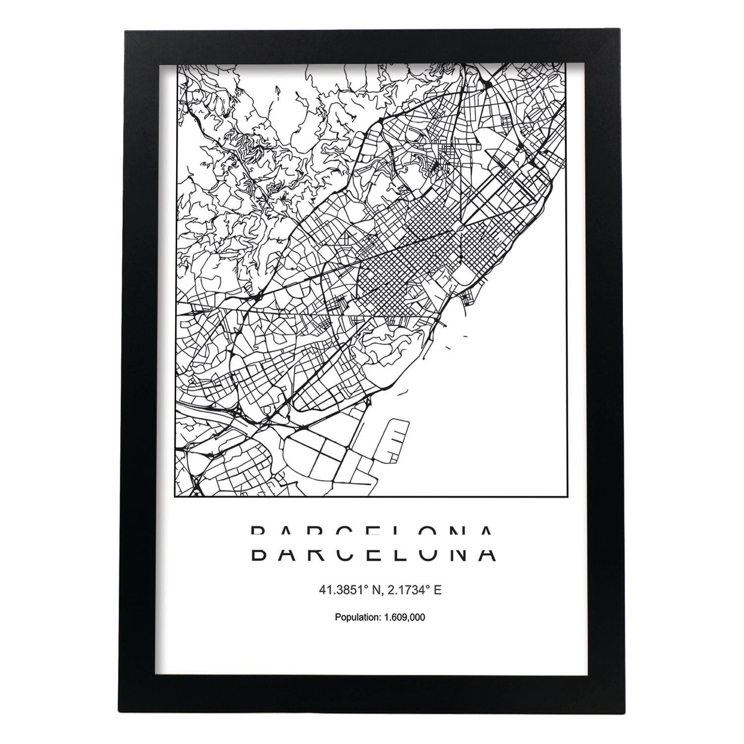 Lámina mapa de la ciudad Barcelona estilo nordico en blanco y negro.-Artwork-Nacnic-A3-Marco Negro-Nacnic Estudio SL