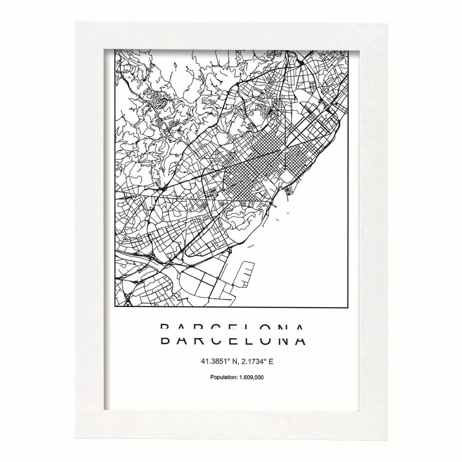 Lámina mapa de la ciudad Barcelona estilo nordico en blanco y negro.-Artwork-Nacnic-A4-Marco Blanco-Nacnic Estudio SL