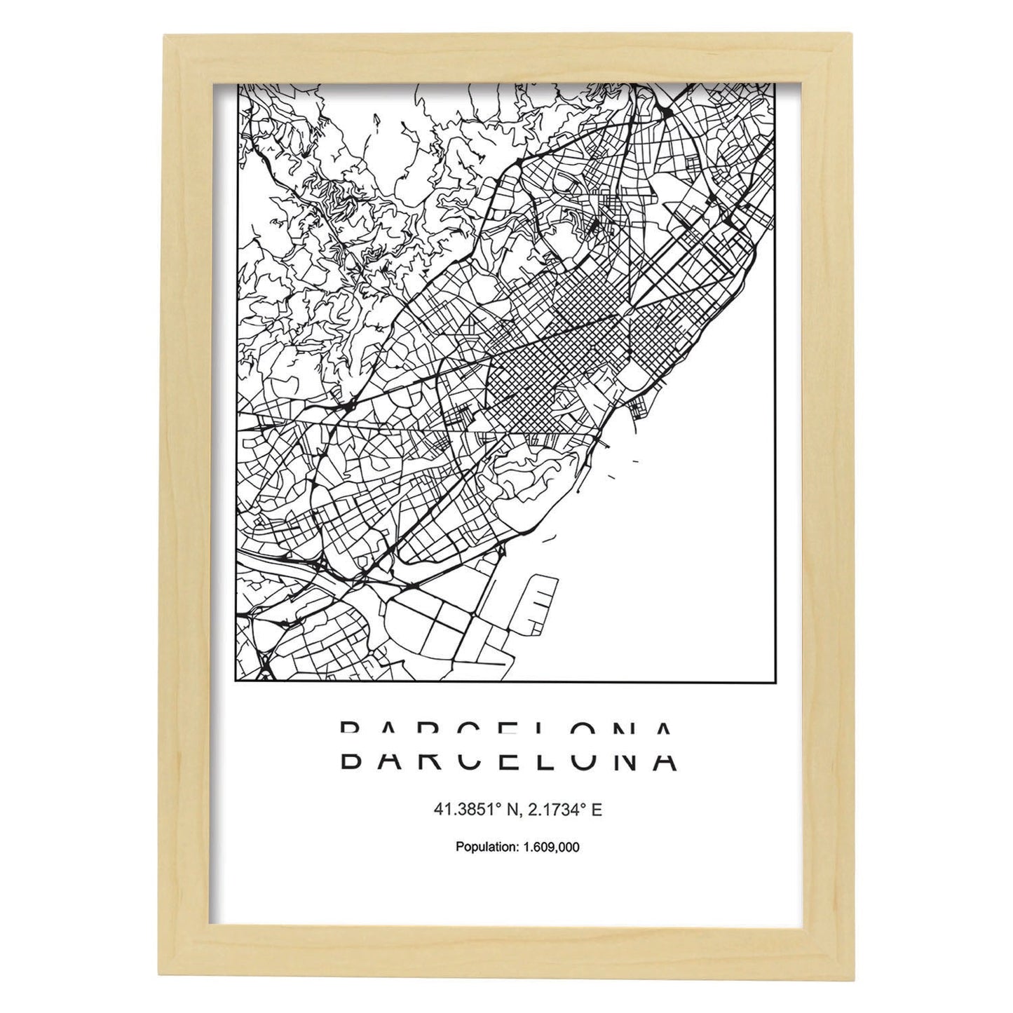 Lámina mapa de la ciudad Barcelona estilo nordico en blanco y negro.-Artwork-Nacnic-A4-Marco Madera clara-Nacnic Estudio SL