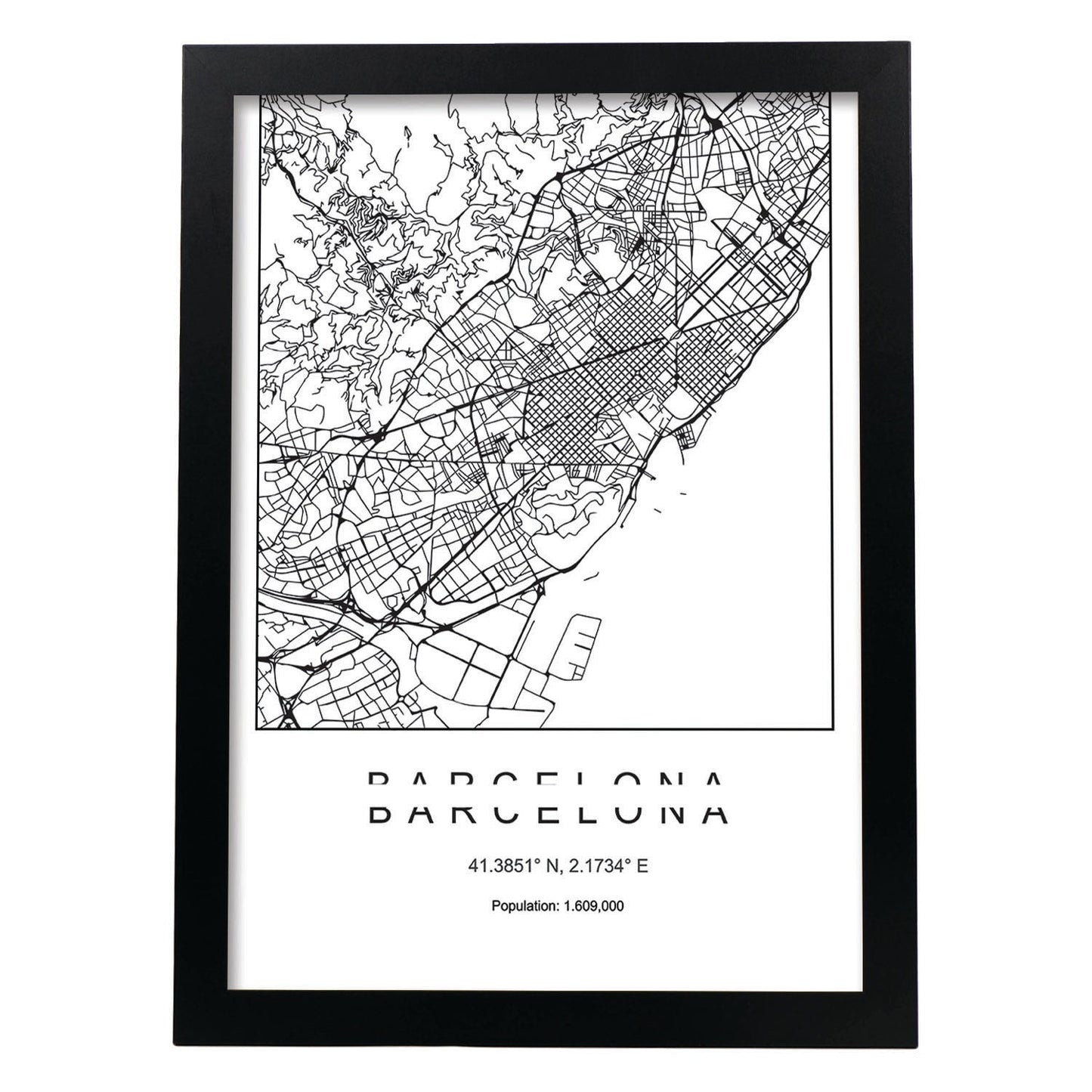 Lámina mapa de la ciudad Barcelona estilo nordico en blanco y negro.-Artwork-Nacnic-A4-Marco Negro-Nacnic Estudio SL