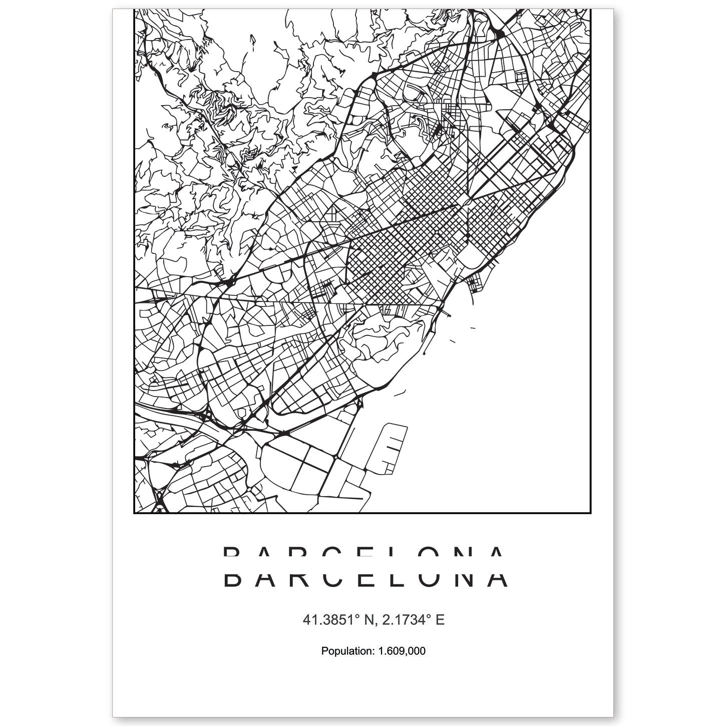 Lámina mapa de la ciudad Barcelona estilo nordico en blanco y negro.-Artwork-Nacnic-A4-Sin marco-Nacnic Estudio SL