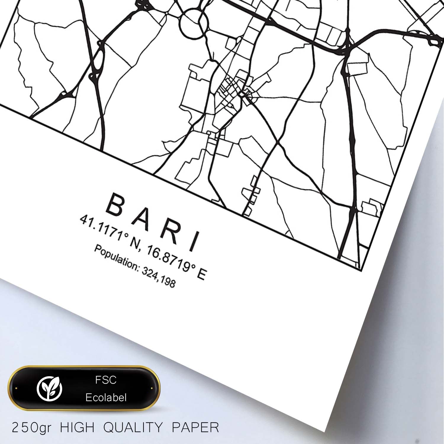 Lámina mapa de la ciudad Bari estilo nordico en blanco y negro.-Artwork-Nacnic-Nacnic Estudio SL