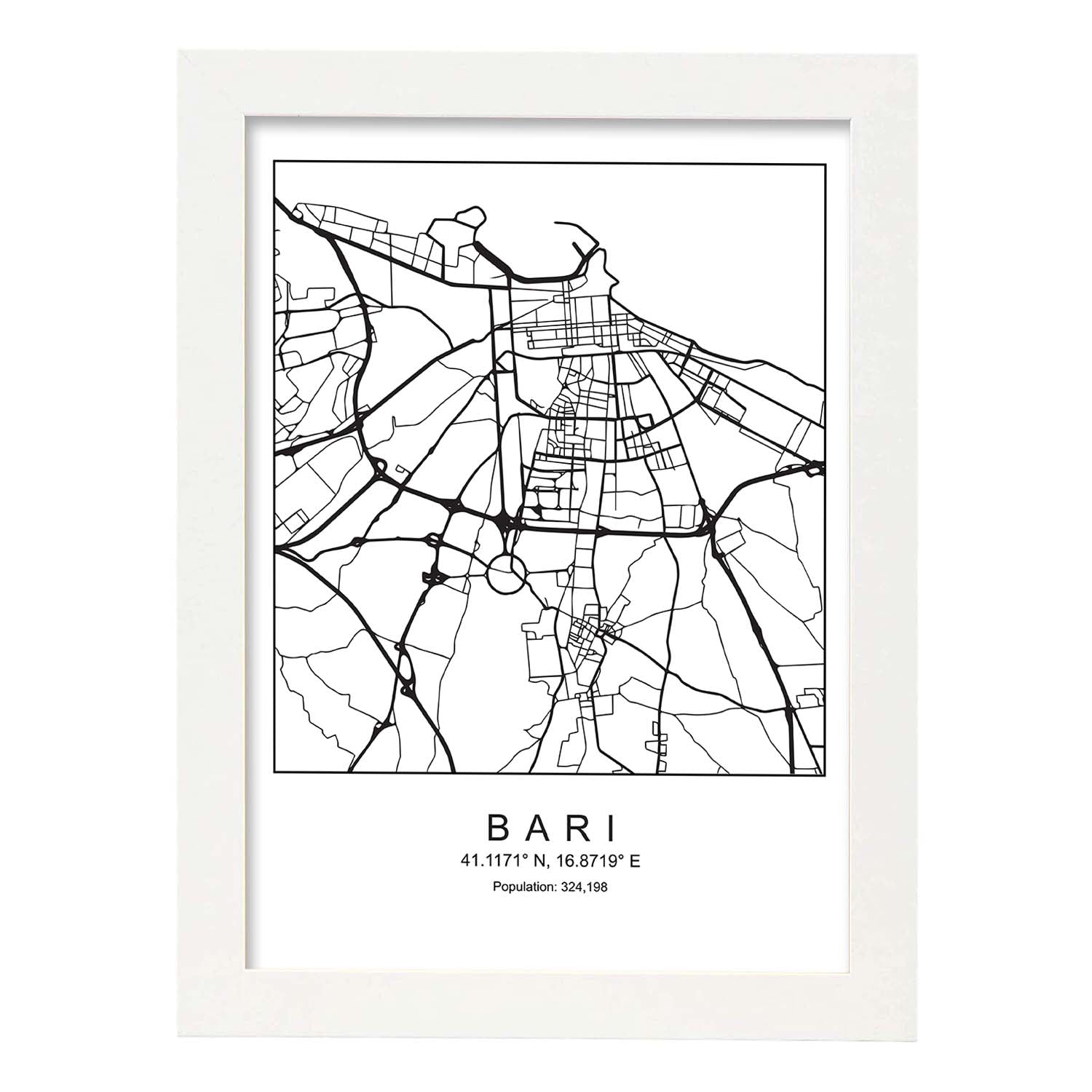 Lámina mapa de la ciudad Bari estilo nordico en blanco y negro.-Artwork-Nacnic-A3-Marco Blanco-Nacnic Estudio SL