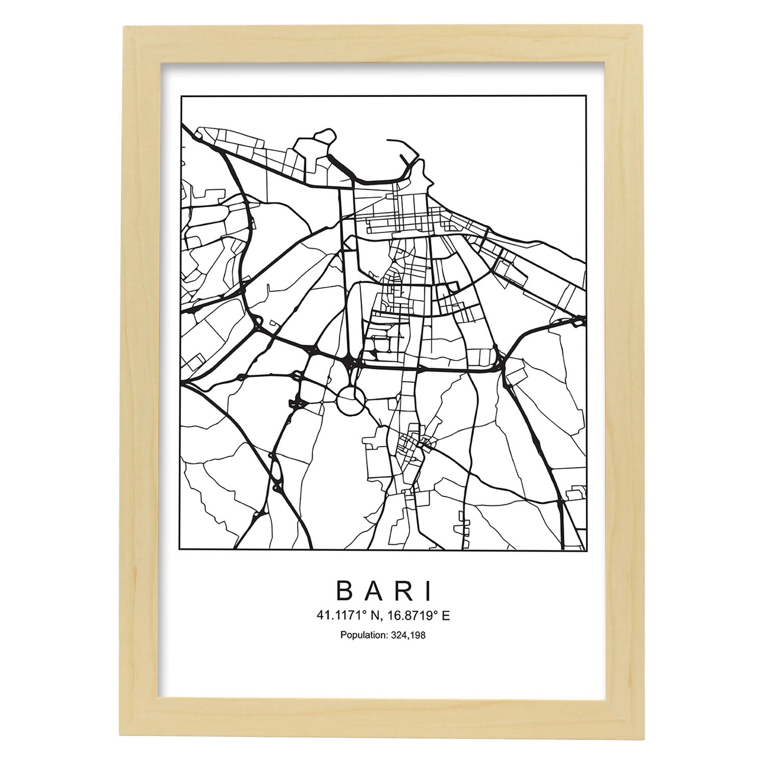 Lámina mapa de la ciudad Bari estilo nordico en blanco y negro.-Artwork-Nacnic-A3-Marco Madera clara-Nacnic Estudio SL