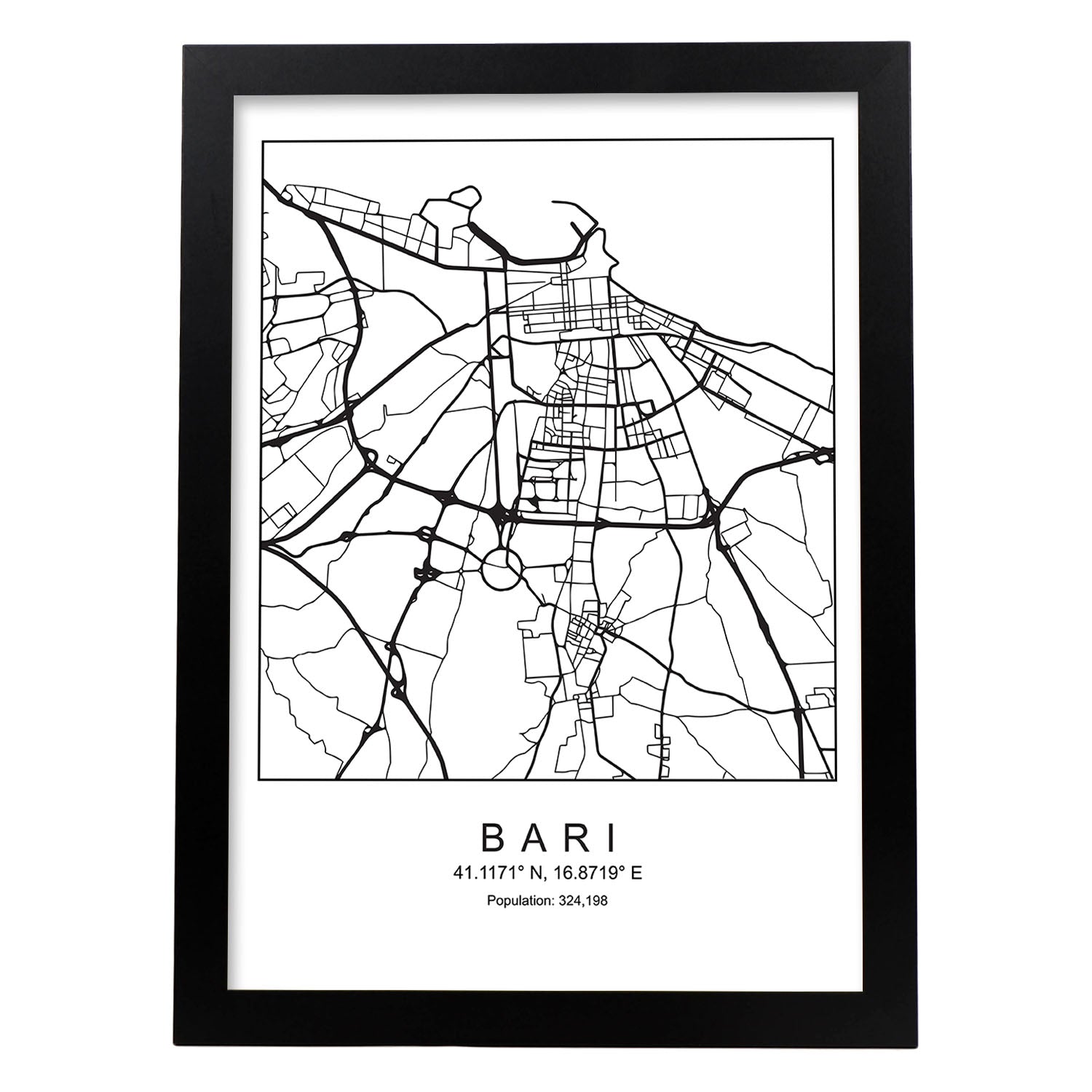 Lámina mapa de la ciudad Bari estilo nordico en blanco y negro.-Artwork-Nacnic-A3-Marco Negro-Nacnic Estudio SL