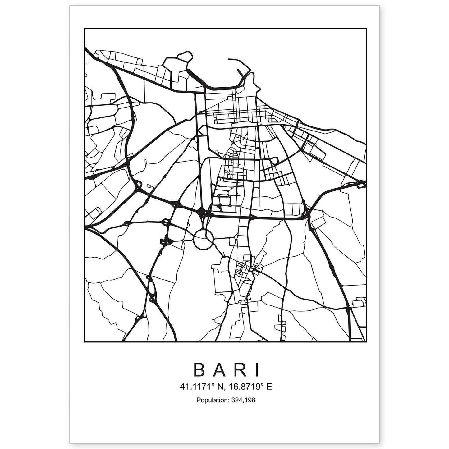 Lámina mapa de la ciudad Bari estilo nordico en blanco y negro.-Artwork-Nacnic-A4-Sin marco-Nacnic Estudio SL