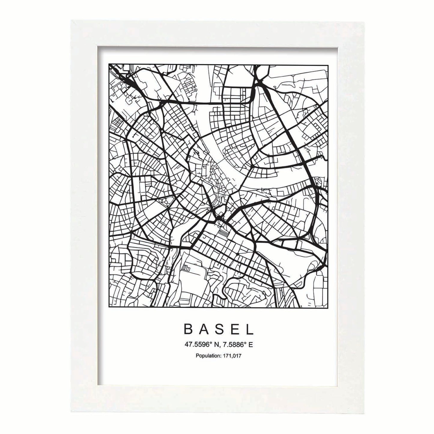Lámina mapa de la ciudad Basel estilo nordico en blanco y negro.-Artwork-Nacnic-A3-Marco Blanco-Nacnic Estudio SL