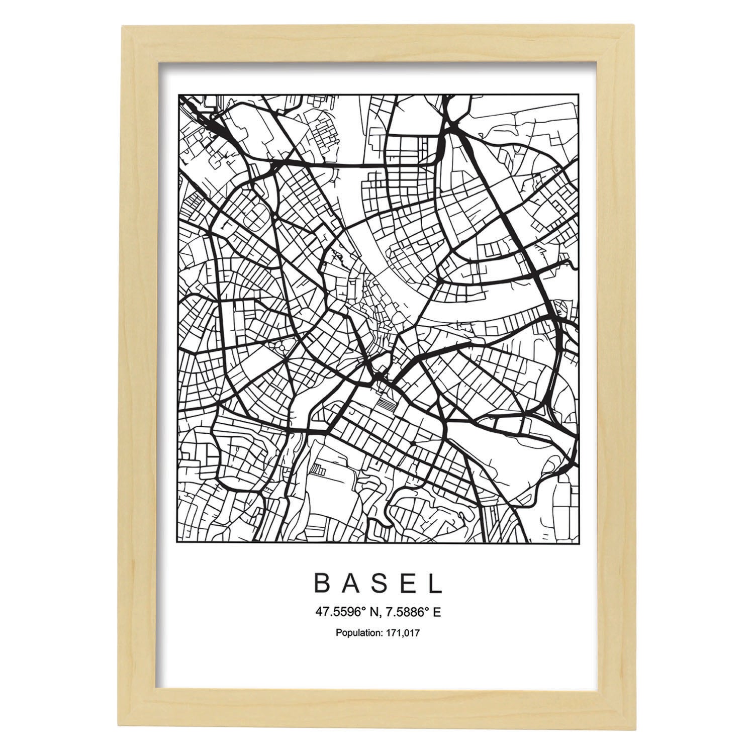 Lámina mapa de la ciudad Basel estilo nordico en blanco y negro.-Artwork-Nacnic-A3-Marco Madera clara-Nacnic Estudio SL
