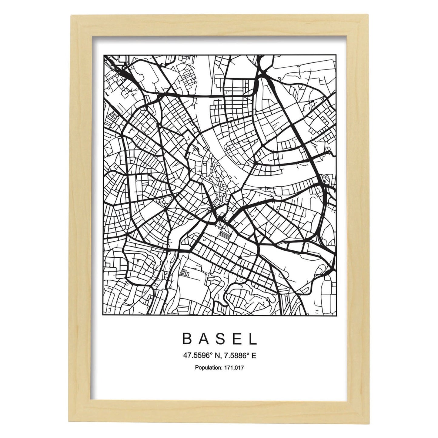 Lámina mapa de la ciudad Basel estilo nordico en blanco y negro.-Artwork-Nacnic-A4-Marco Madera clara-Nacnic Estudio SL