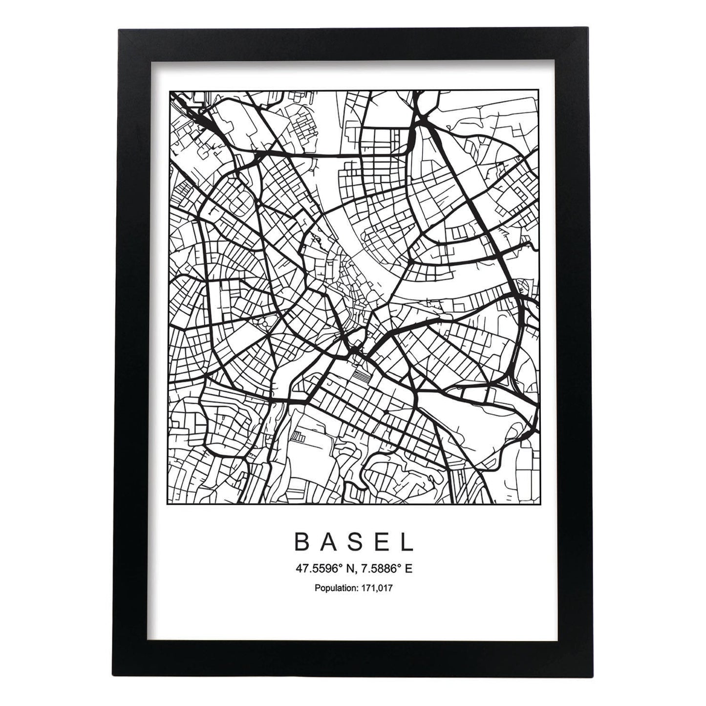 Lámina mapa de la ciudad Basel estilo nordico en blanco y negro.-Artwork-Nacnic-A4-Marco Negro-Nacnic Estudio SL