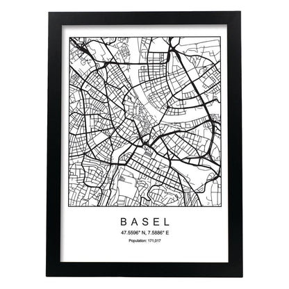 Lámina mapa de la ciudad Basel estilo nordico en blanco y negro.-Artwork-Nacnic-A4-Marco Negro-Nacnic Estudio SL