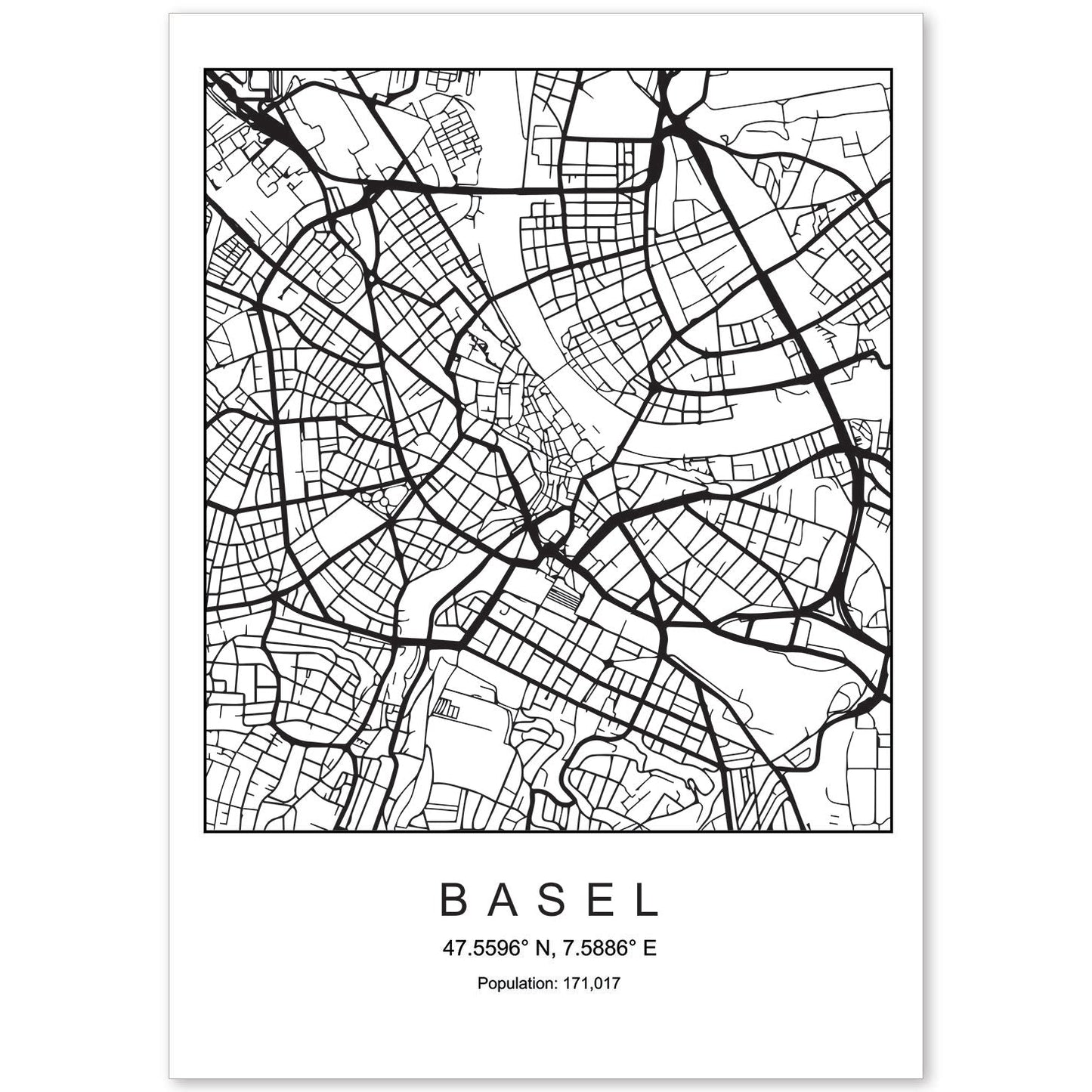 Lámina mapa de la ciudad Basel estilo nordico en blanco y negro.-Artwork-Nacnic-A4-Sin marco-Nacnic Estudio SL