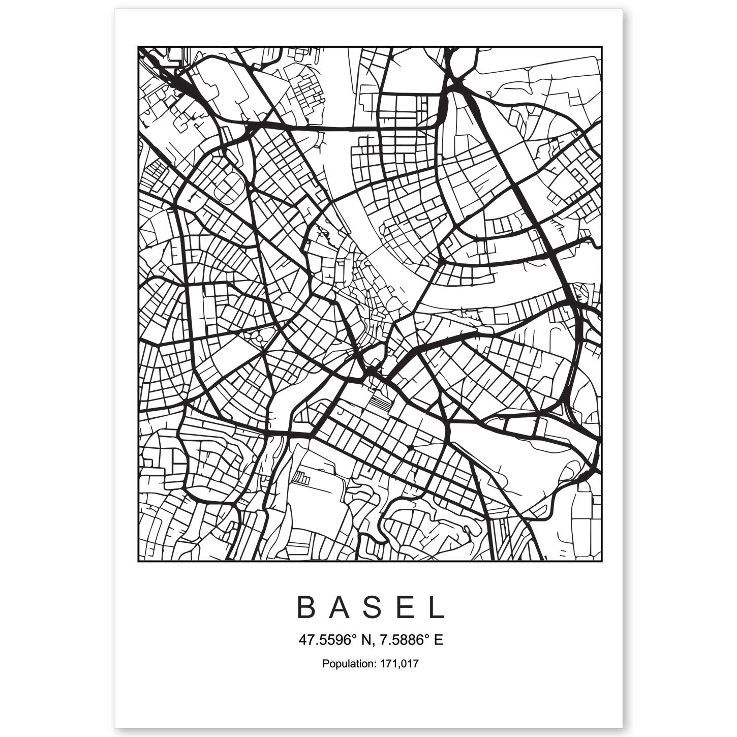 Lámina mapa de la ciudad Basel estilo nordico en blanco y negro.-Artwork-Nacnic-A4-Sin marco-Nacnic Estudio SL