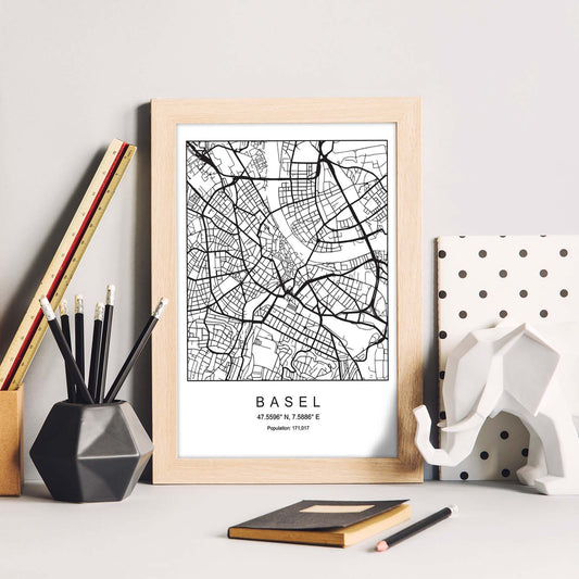 Lámina mapa de la ciudad Basel estilo nordico en blanco y negro.-Artwork-Nacnic-Nacnic Estudio SL