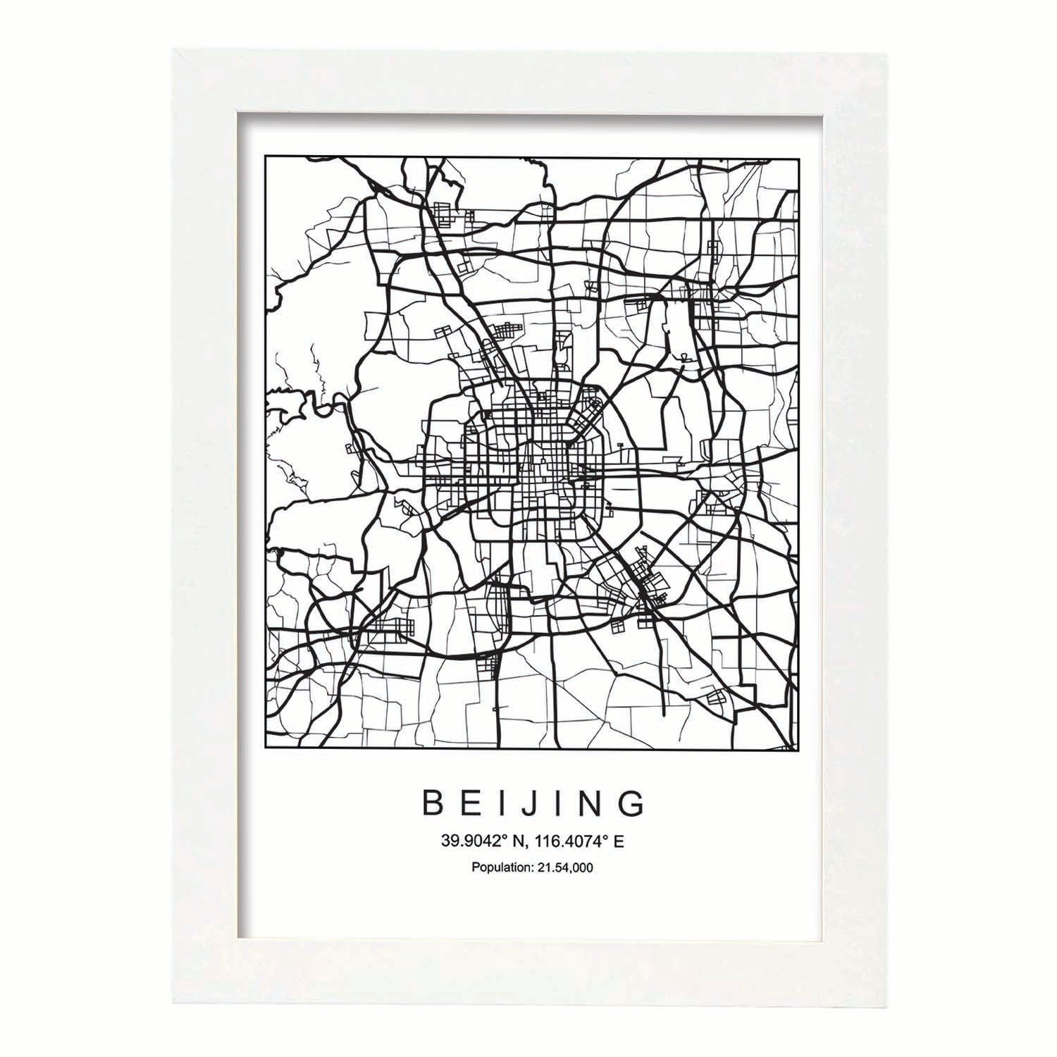 Lámina mapa de la ciudad Beijing estilo nordico en blanco y negro.-Artwork-Nacnic-A3-Marco Blanco-Nacnic Estudio SL