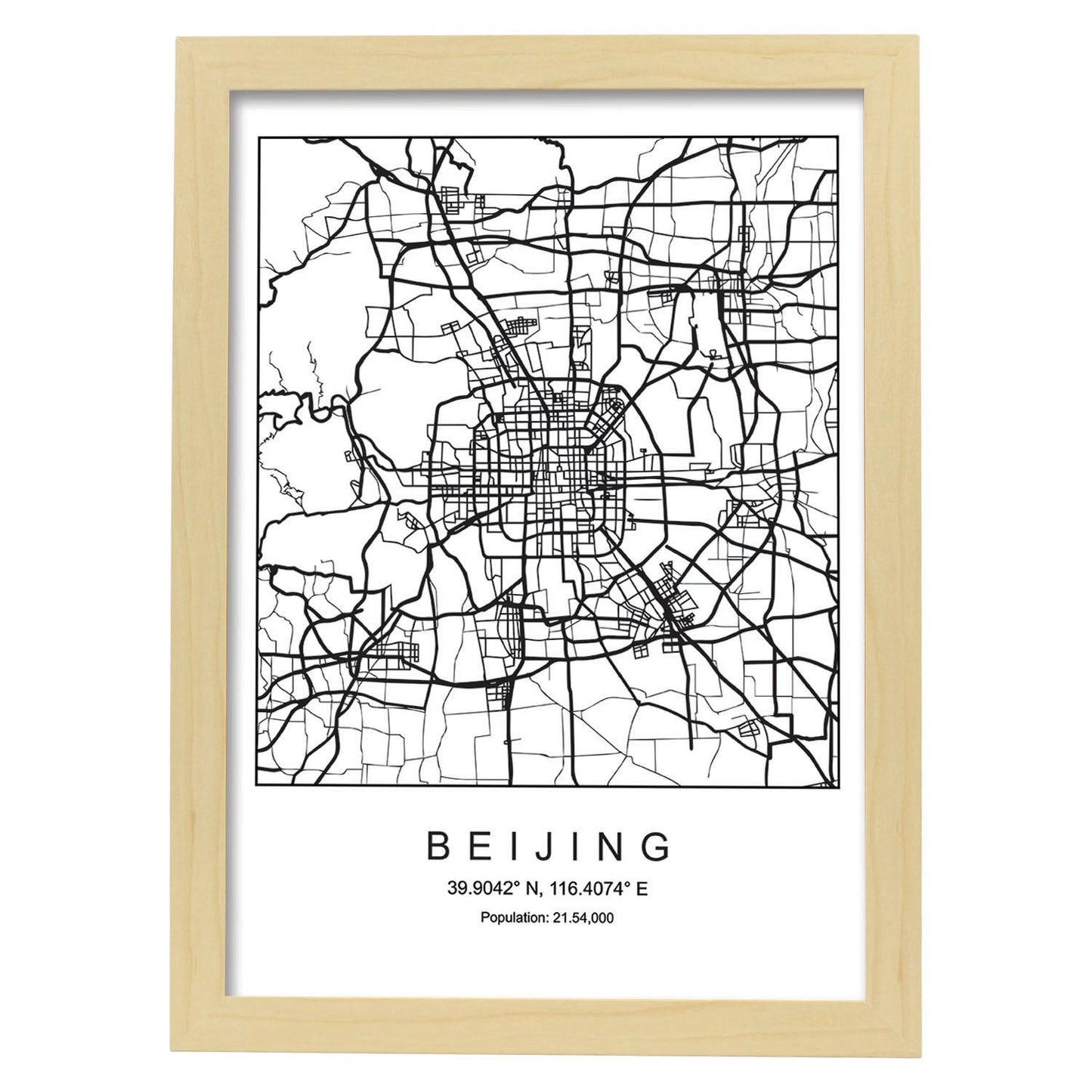 Lámina mapa de la ciudad Beijing estilo nordico en blanco y negro.-Artwork-Nacnic-A3-Marco Madera clara-Nacnic Estudio SL