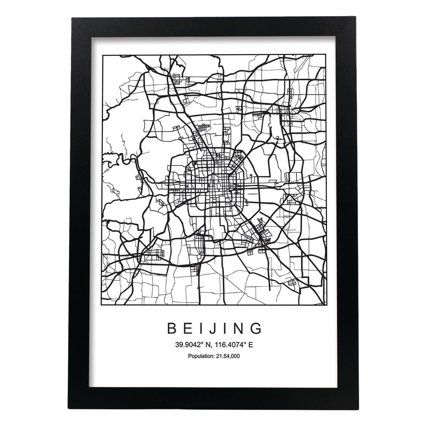 Lámina mapa de la ciudad Beijing estilo nordico en blanco y negro.-Artwork-Nacnic-A3-Marco Negro-Nacnic Estudio SL