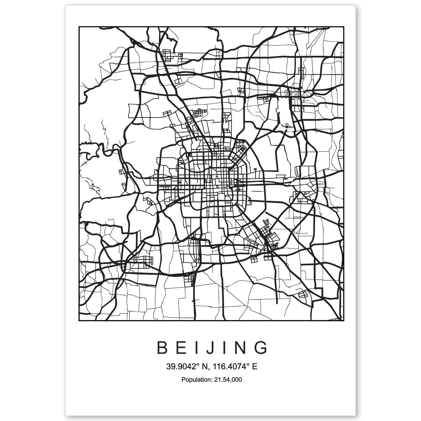 Lámina mapa de la ciudad Beijing estilo nordico en blanco y negro.-Artwork-Nacnic-A4-Sin marco-Nacnic Estudio SL