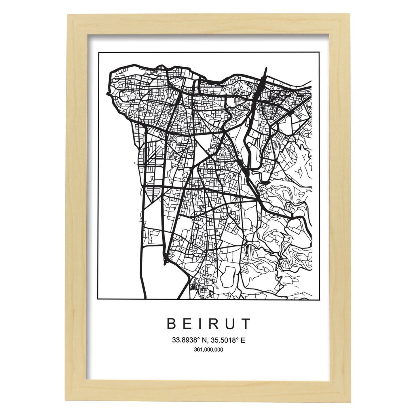 Lámina mapa de la ciudad Beirut estilo nordico en blanco y negro.-Artwork-Nacnic-A3-Marco Madera clara-Nacnic Estudio SL