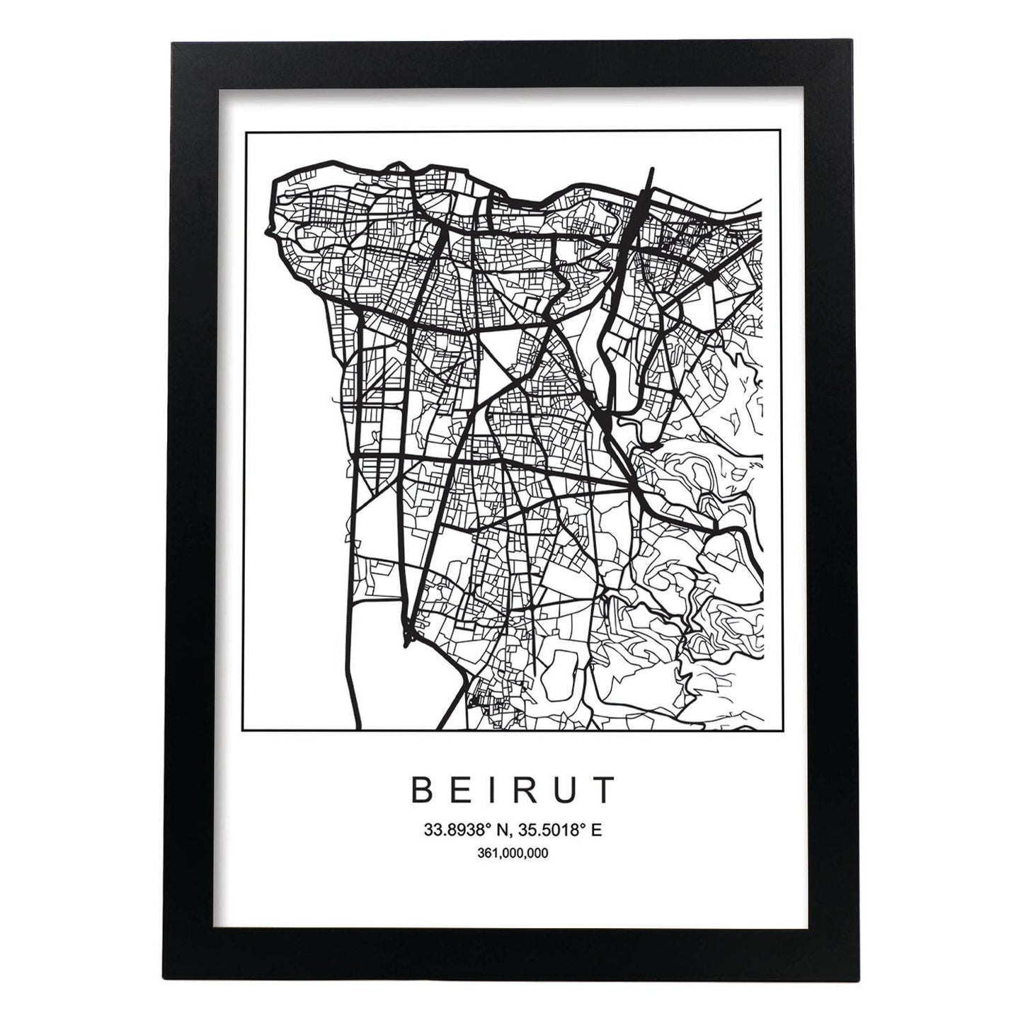 Lámina mapa de la ciudad Beirut estilo nordico en blanco y negro.-Artwork-Nacnic-A3-Marco Negro-Nacnic Estudio SL