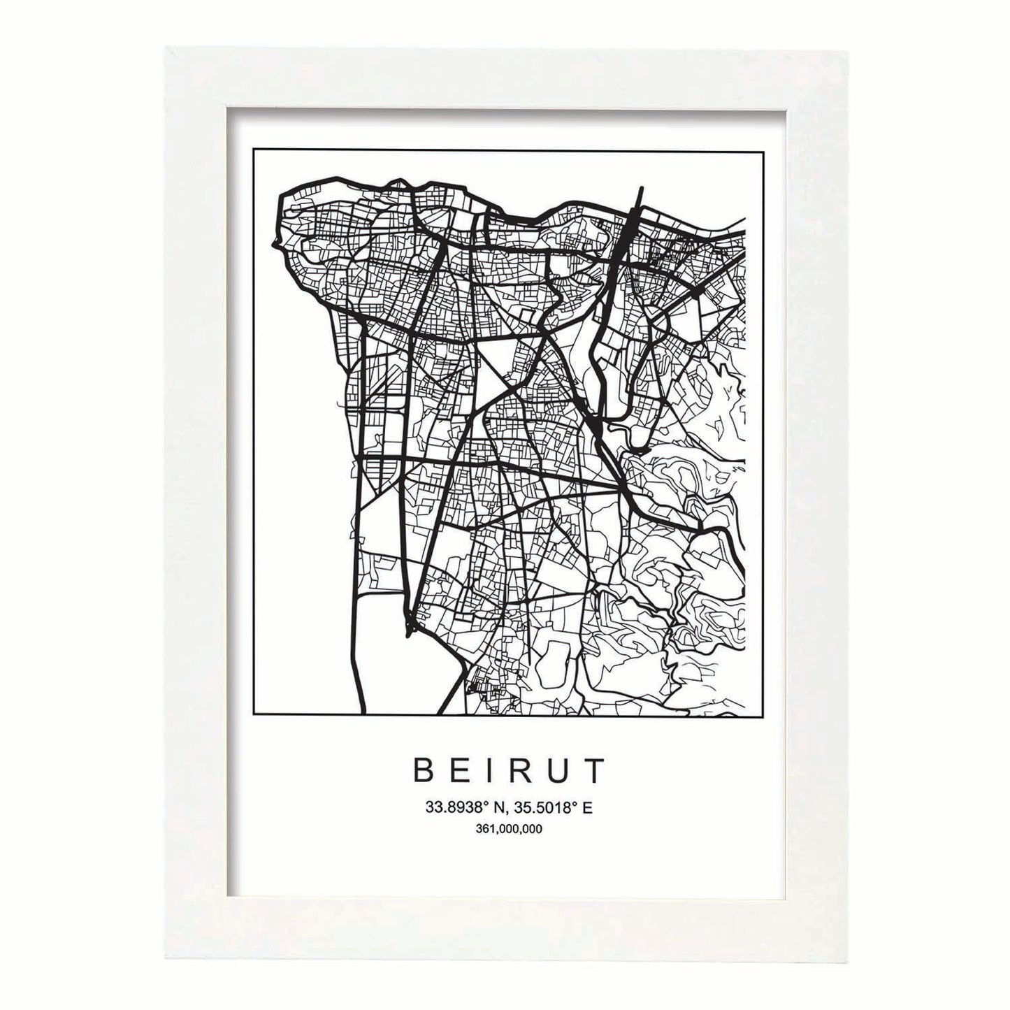 Lámina mapa de la ciudad Beirut estilo nordico en blanco y negro.-Artwork-Nacnic-A4-Marco Blanco-Nacnic Estudio SL
