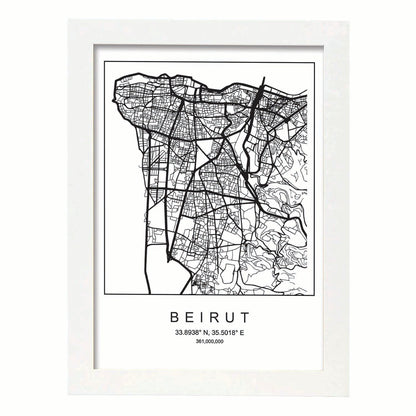 Lámina mapa de la ciudad Beirut estilo nordico en blanco y negro.-Artwork-Nacnic-A4-Marco Blanco-Nacnic Estudio SL