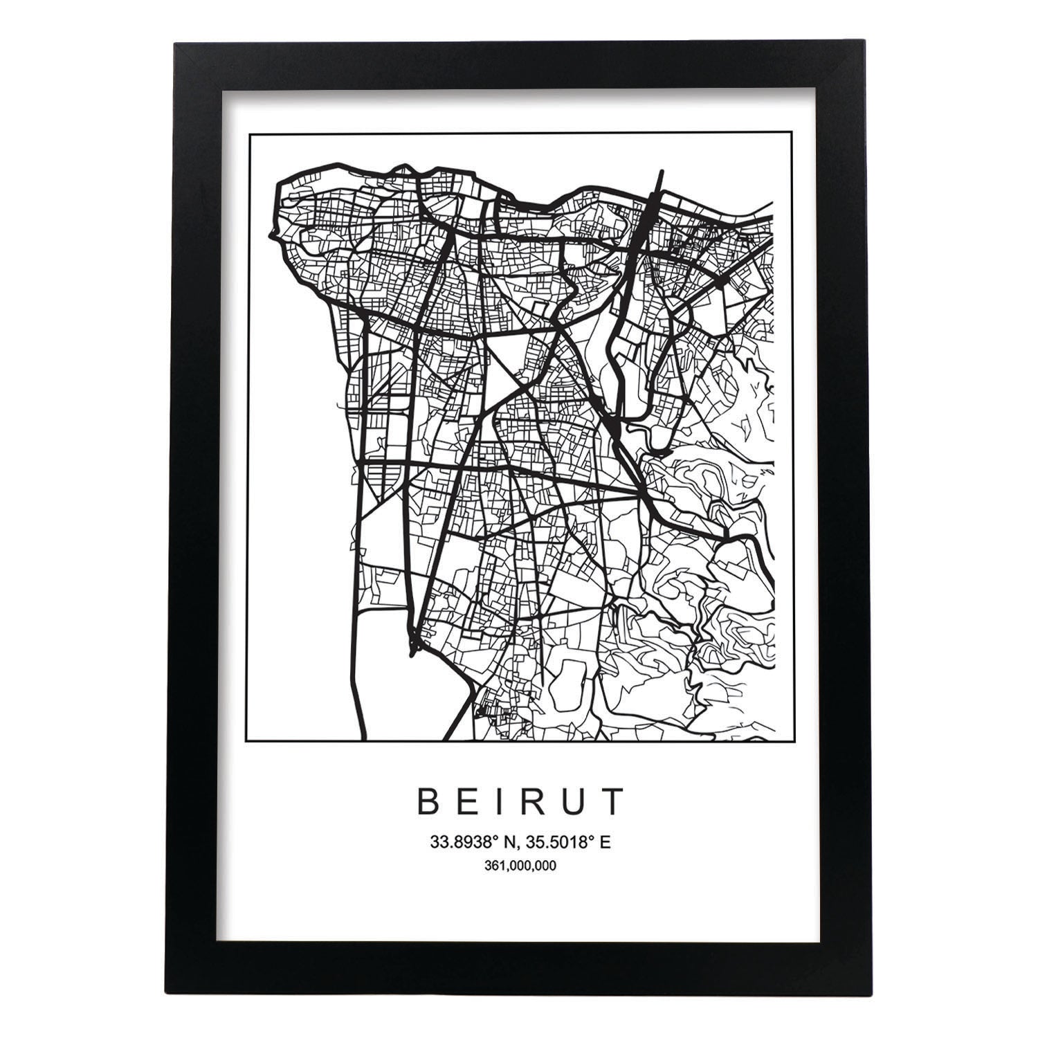 Lámina mapa de la ciudad Beirut estilo nordico en blanco y negro.-Artwork-Nacnic-A4-Marco Negro-Nacnic Estudio SL