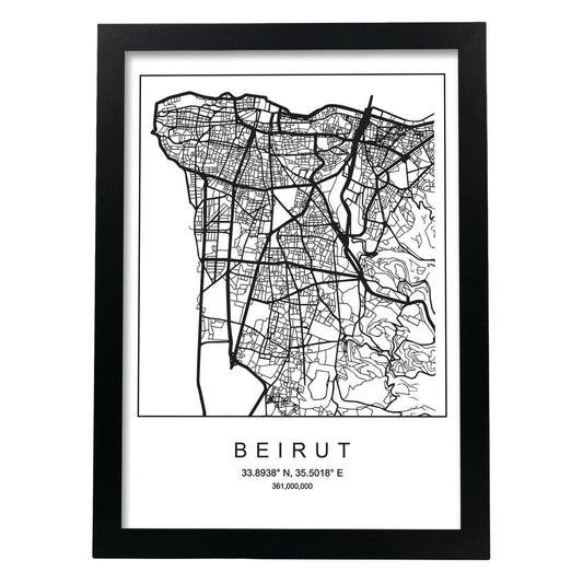 Lámina mapa de la ciudad Beirut estilo nordico en blanco y negro.-Artwork-Nacnic-A4-Marco Negro-Nacnic Estudio SL