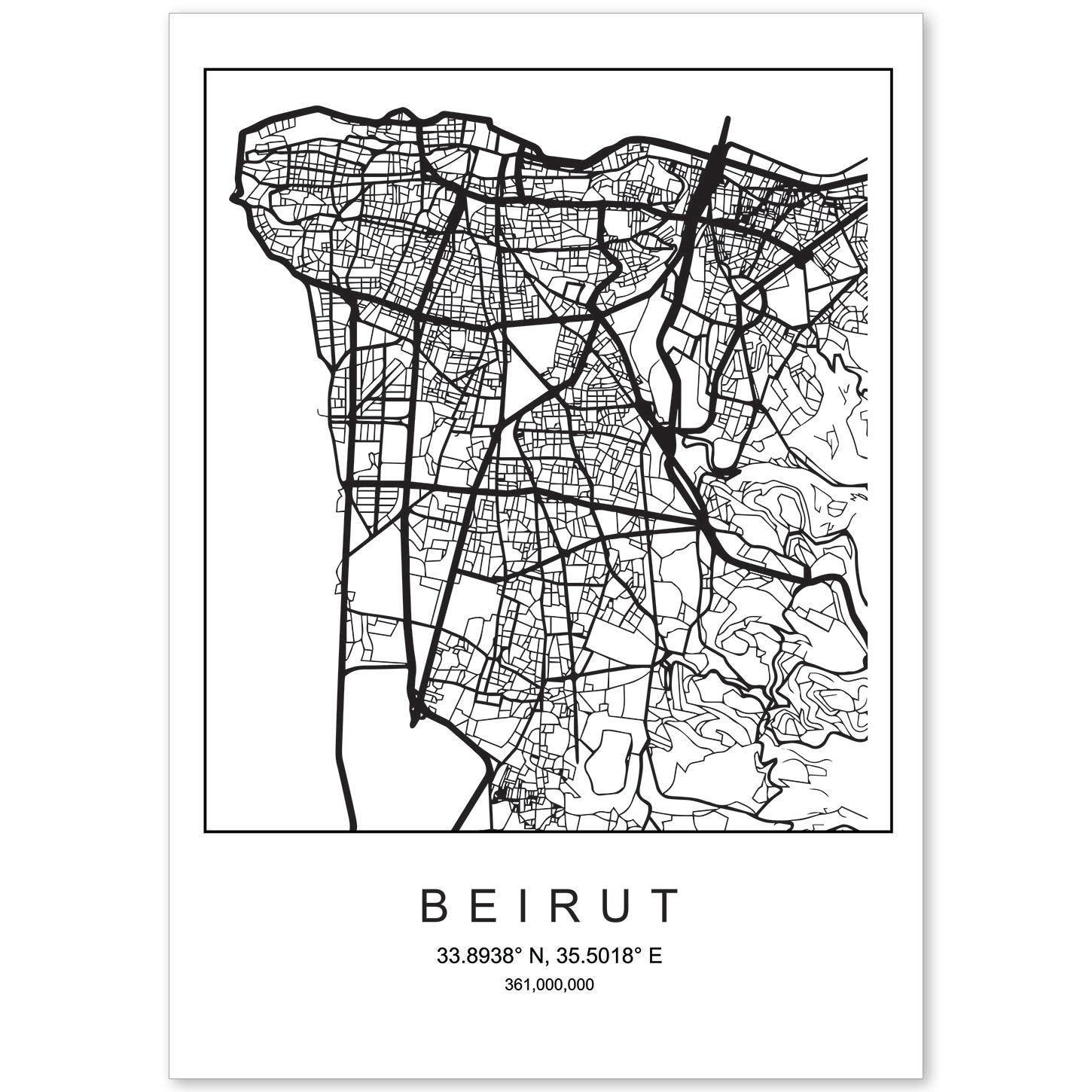 Lámina mapa de la ciudad Beirut estilo nordico en blanco y negro.-Artwork-Nacnic-A4-Sin marco-Nacnic Estudio SL