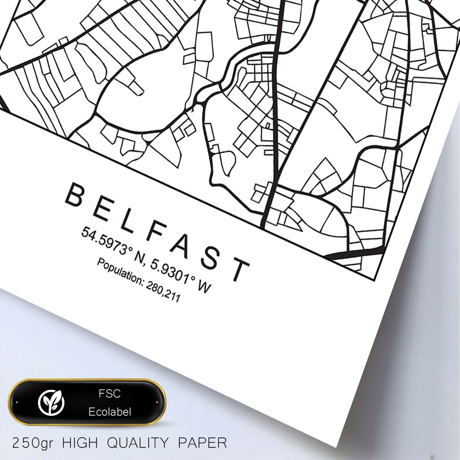 Lámina mapa de la ciudad Belfast estilo nordico en blanco y negro.-Artwork-Nacnic-Nacnic Estudio SL