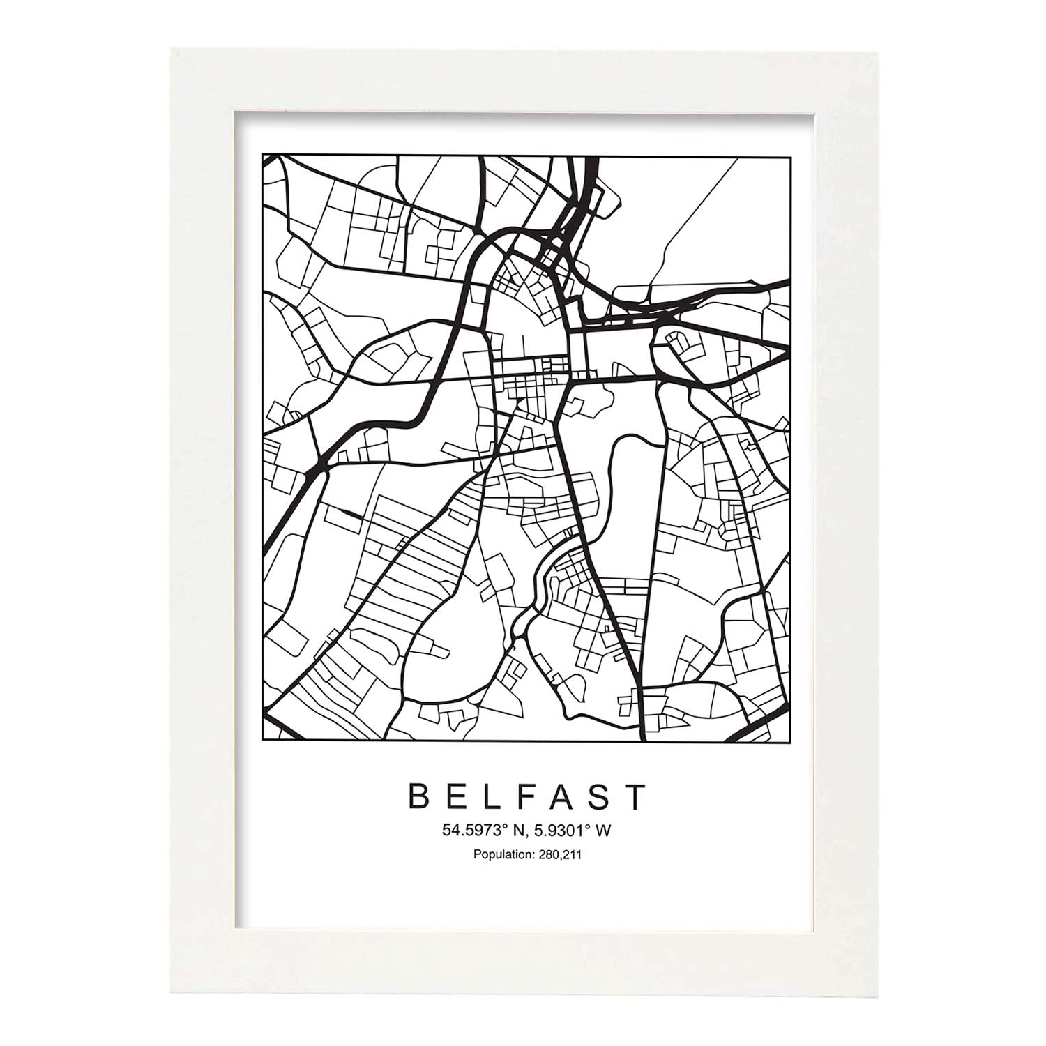 Lámina mapa de la ciudad Belfast estilo nordico en blanco y negro.-Artwork-Nacnic-A3-Marco Blanco-Nacnic Estudio SL
