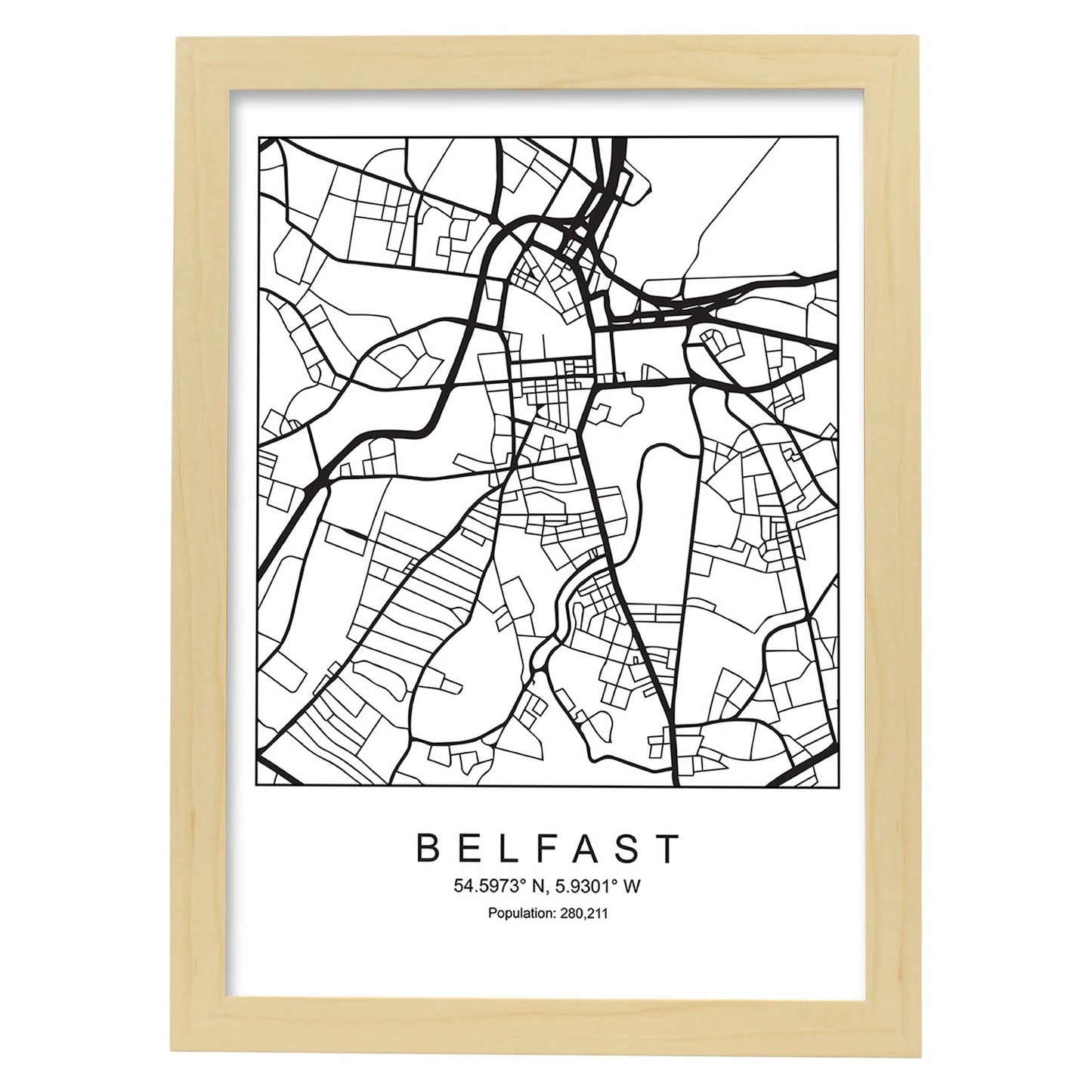 Lámina mapa de la ciudad Belfast estilo nordico en blanco y negro.-Artwork-Nacnic-A3-Marco Madera clara-Nacnic Estudio SL