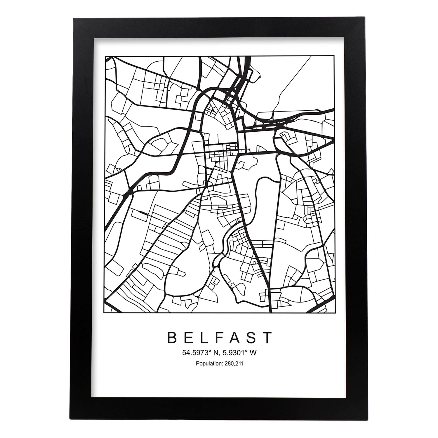 Lámina mapa de la ciudad Belfast estilo nordico en blanco y negro.-Artwork-Nacnic-A3-Marco Negro-Nacnic Estudio SL