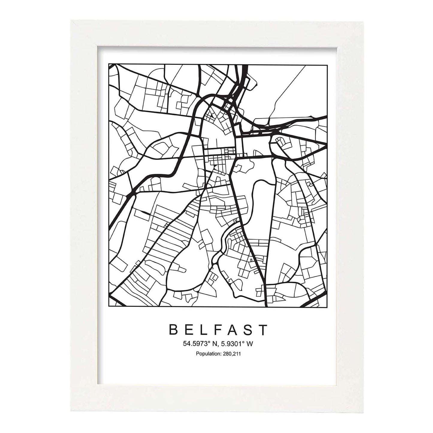 Lámina mapa de la ciudad Belfast estilo nordico en blanco y negro.-Artwork-Nacnic-A4-Marco Blanco-Nacnic Estudio SL