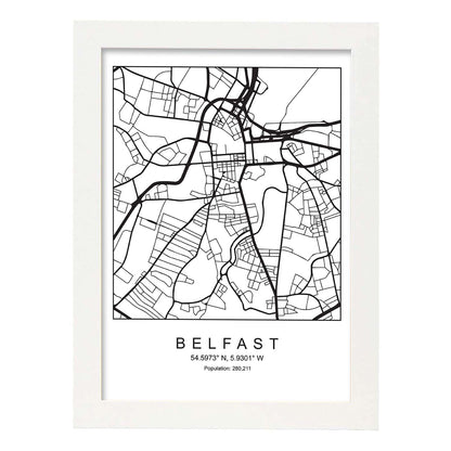 Lámina mapa de la ciudad Belfast estilo nordico en blanco y negro.-Artwork-Nacnic-A4-Marco Blanco-Nacnic Estudio SL