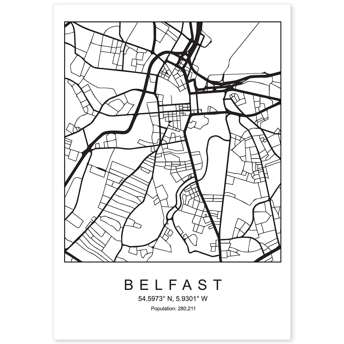 Lámina mapa de la ciudad Belfast estilo nordico en blanco y negro.-Artwork-Nacnic-A4-Sin marco-Nacnic Estudio SL