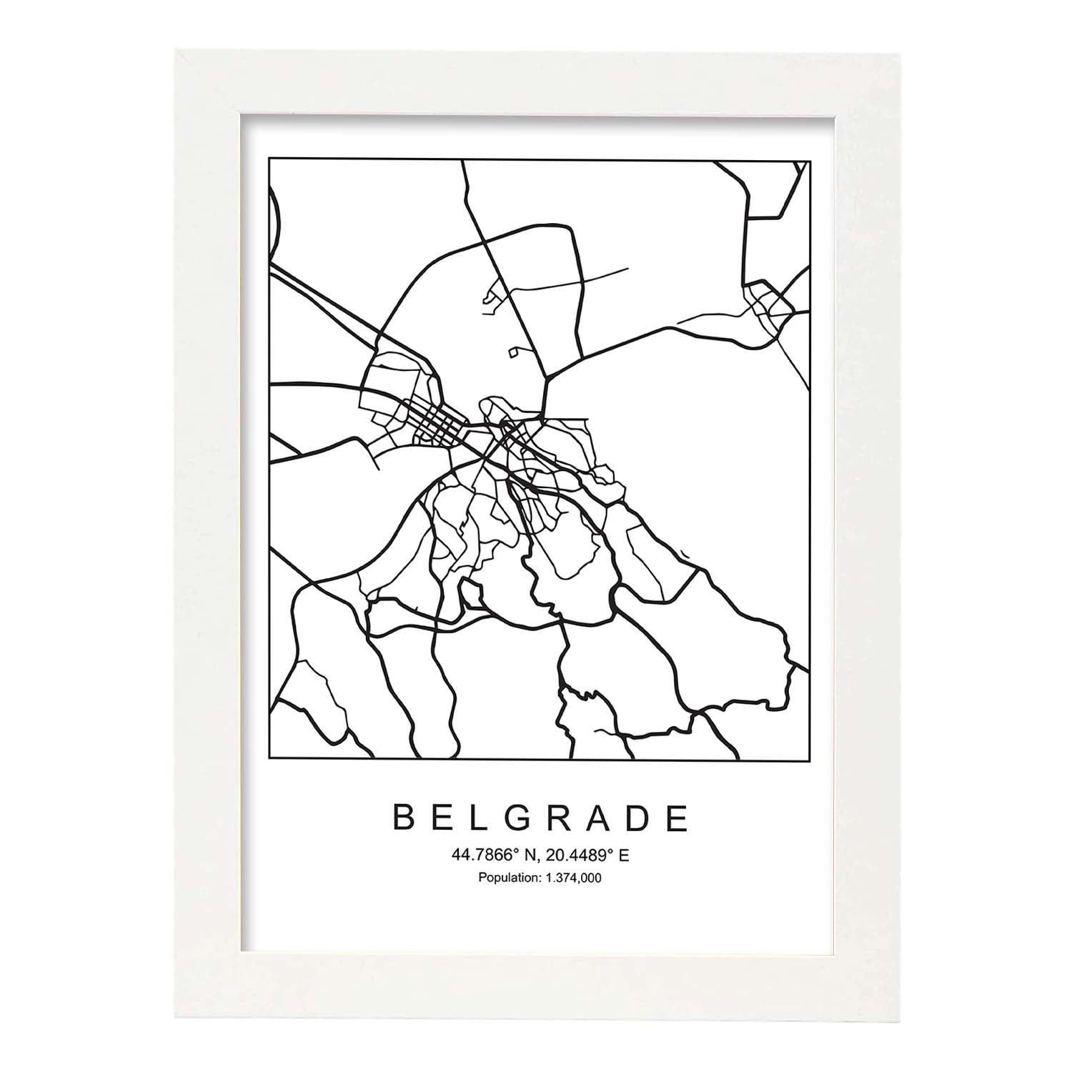 Lámina mapa de la ciudad Belgrade estilo nordico en blanco y negro.-Artwork-Nacnic-A3-Marco Blanco-Nacnic Estudio SL