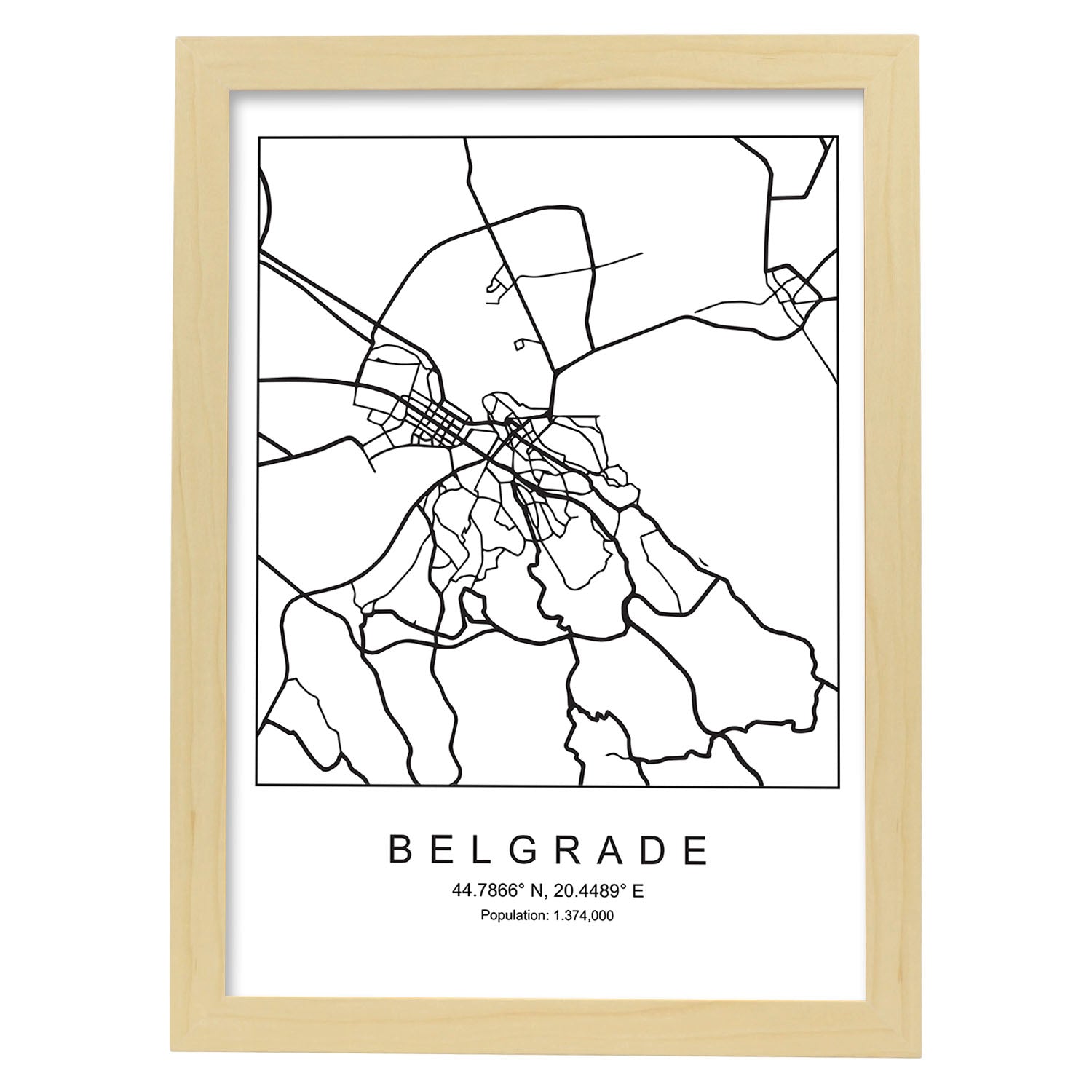 Lámina mapa de la ciudad Belgrade estilo nordico en blanco y negro.-Artwork-Nacnic-A3-Marco Madera clara-Nacnic Estudio SL