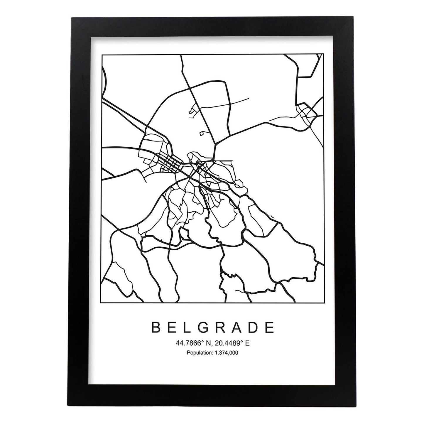 Lámina mapa de la ciudad Belgrade estilo nordico en blanco y negro.-Artwork-Nacnic-A3-Marco Negro-Nacnic Estudio SL