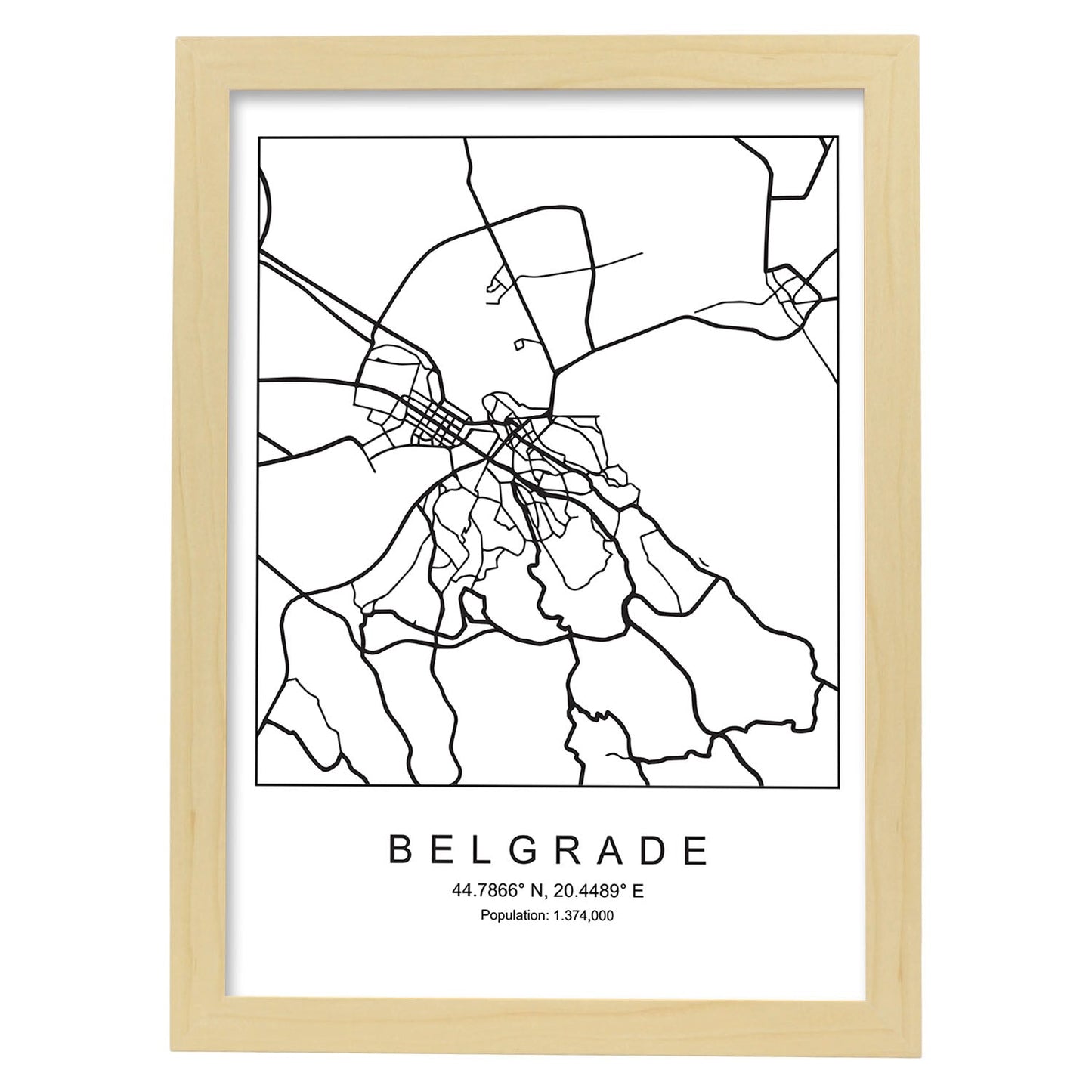 Lámina mapa de la ciudad Belgrade estilo nordico en blanco y negro.-Artwork-Nacnic-A4-Marco Madera clara-Nacnic Estudio SL