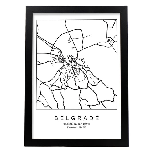 Lámina mapa de la ciudad Belgrade estilo nordico en blanco y negro.-Artwork-Nacnic-A4-Marco Negro-Nacnic Estudio SL