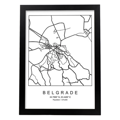 Lámina mapa de la ciudad Belgrade estilo nordico en blanco y negro.-Artwork-Nacnic-A4-Marco Negro-Nacnic Estudio SL