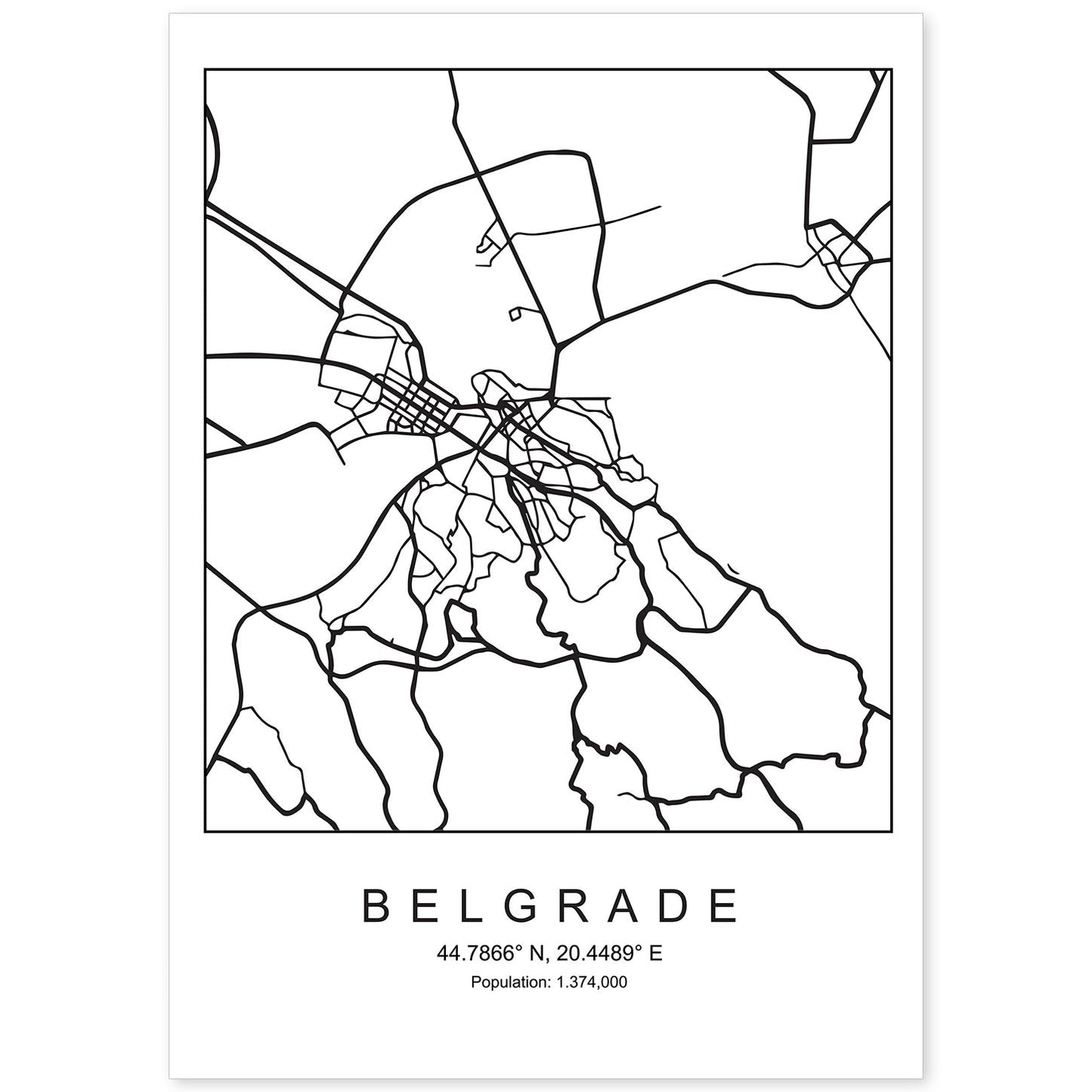 Lámina mapa de la ciudad Belgrade estilo nordico en blanco y negro.-Artwork-Nacnic-A4-Sin marco-Nacnic Estudio SL