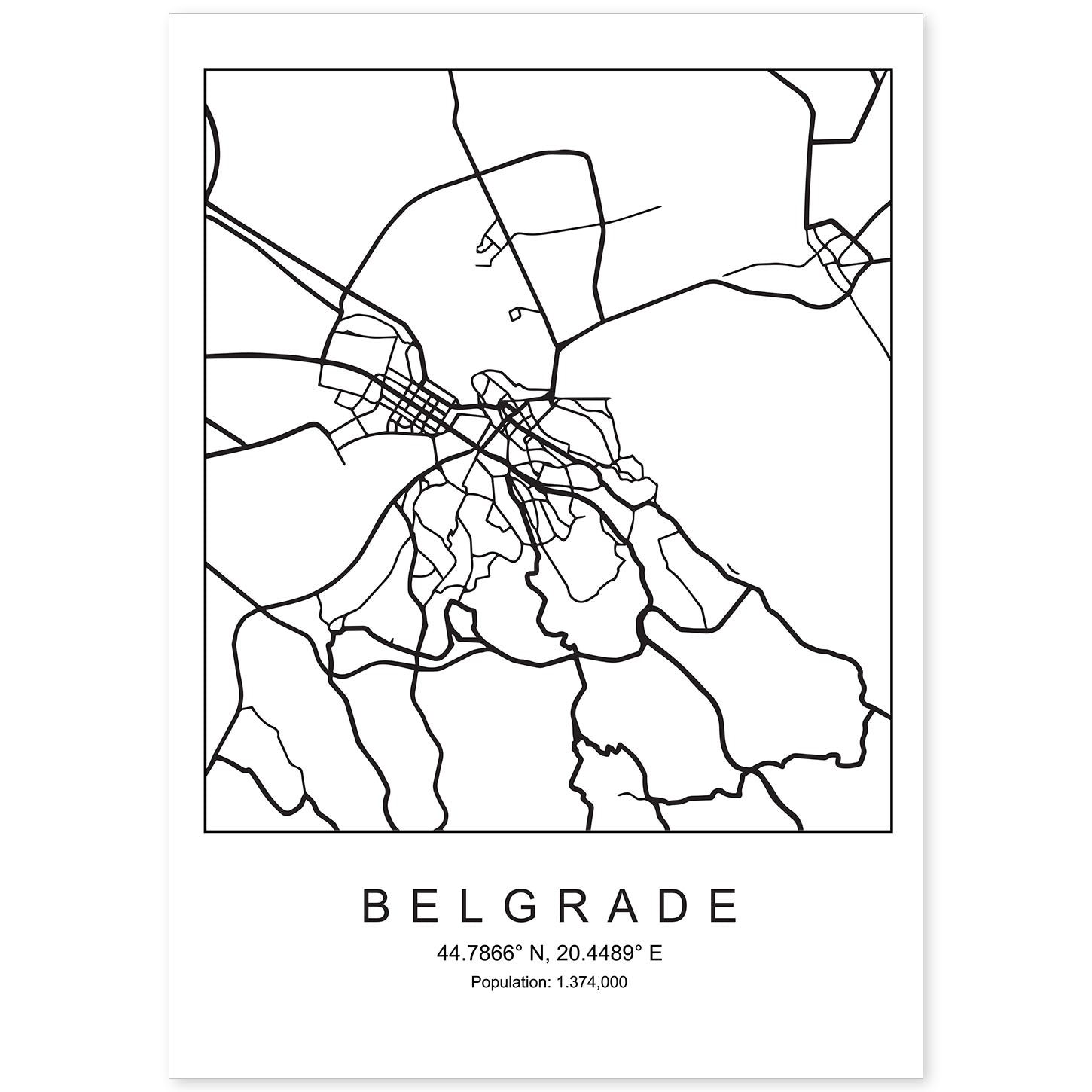 Lámina mapa de la ciudad Belgrade estilo nordico en blanco y negro.-Artwork-Nacnic-A4-Sin marco-Nacnic Estudio SL